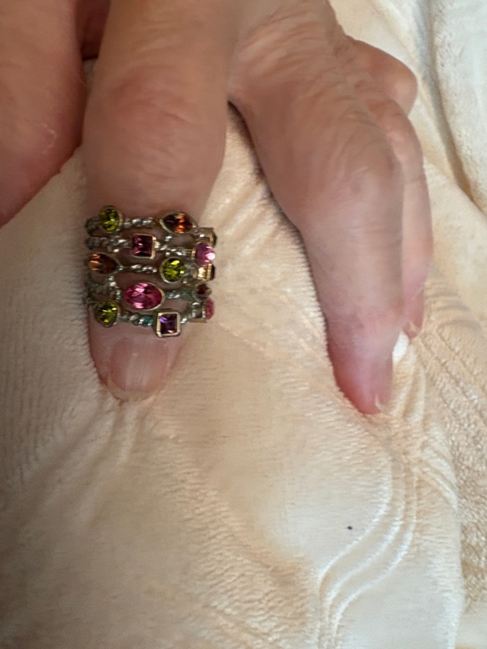 Size 6 SilverTone Multi-Color Stacked Ring with Pink Purple Amber Green Stones